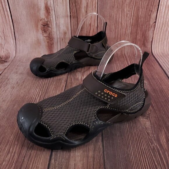 Crocs Swiftwater Mens 8 Brown Mesh Fisherman Deck Sandals Water Shoes 15041 - Picture 1 of 16